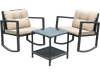 Wicker rocking bistro set with two beige chairs and glass coffee table, featuring a lower storage shelf for convenience.