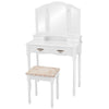 Tri-fold mirror on a white vanity table set with spacious tabletop and four drawers, ideal for makeup and storage.