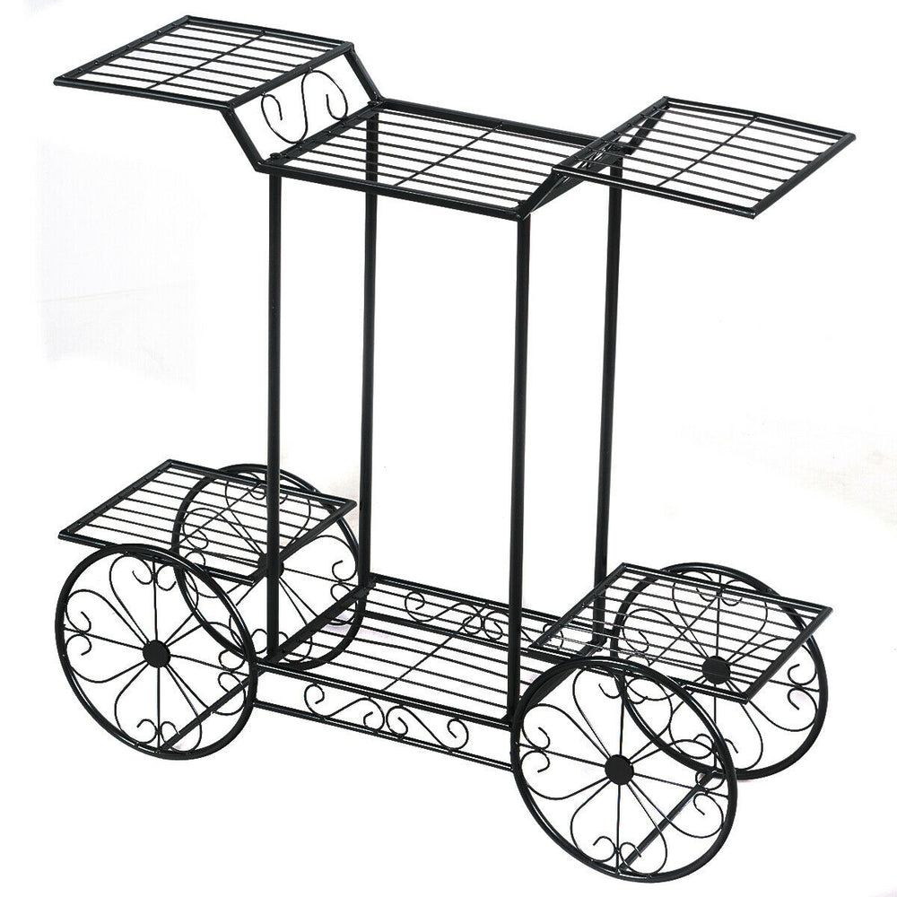 6-tier garden cart flower rack in black metal, ideal for indoor and outdoor plant display and storage.