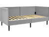 Twin size daybed frame in gray with wooden slat support, ideal for small spaces, suitable for bedroom or living room.