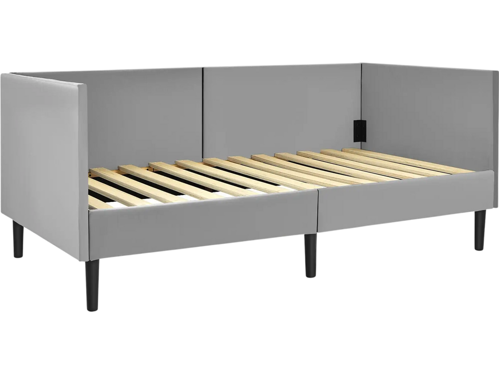 Twin size daybed frame in gray with wooden slat support, ideal for small spaces, suitable for bedroom or living room.