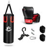 Filled punching bag set with gloves, hand wraps, and mounting hardware for boxing training and martial arts practice.