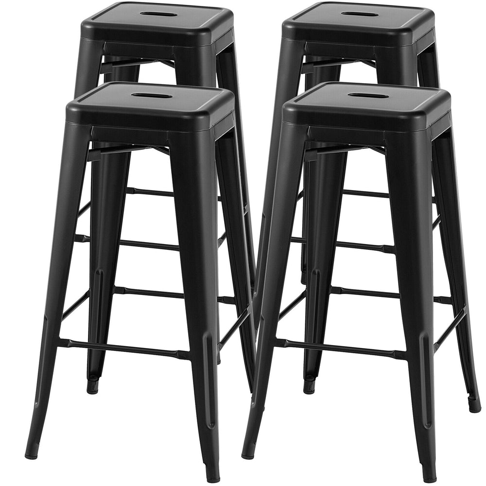 Set of 4 black 30-inch bar stools with square seats and handling holes, designed for kitchen or home bar use.