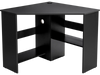 Triangle corner computer desk in black with storage shelf and cable management, ideal for space-saving workstations.