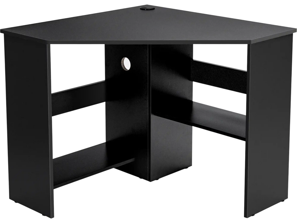 Triangle corner computer desk in black with storage shelf and cable management, ideal for space-saving workstations.