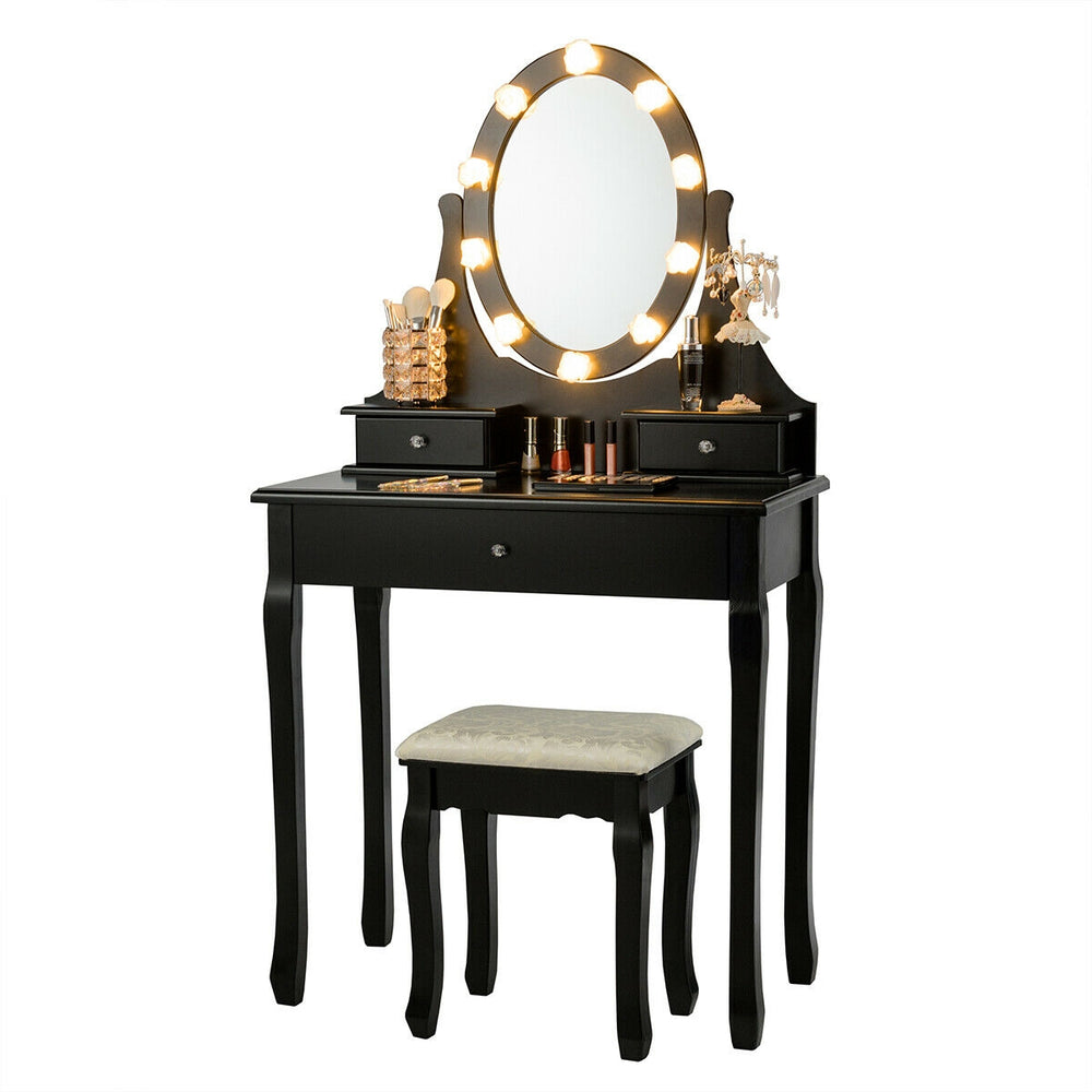 Black vanity dressing table set with 360-degree mirror, 3 drawers for storage, and cushioned stool for comfortable.