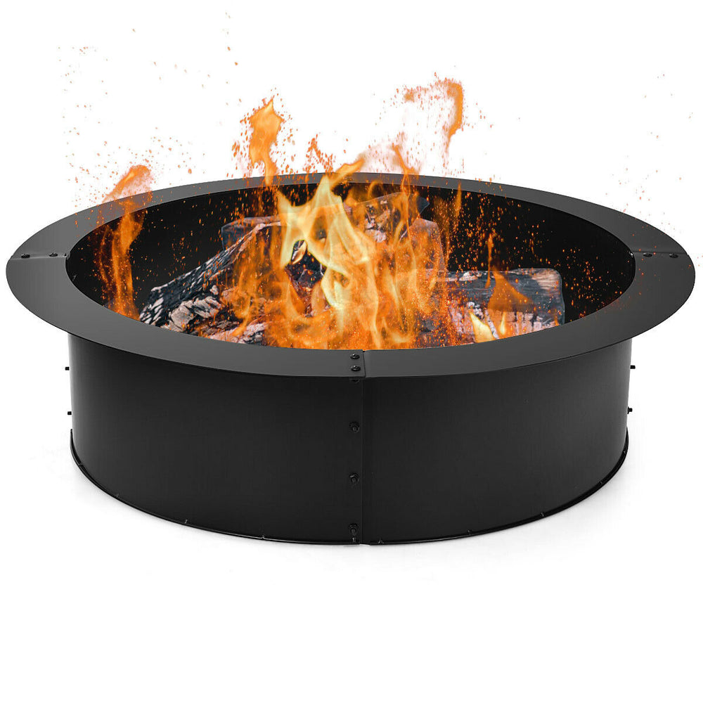 36-inch round steel fire pit ring with a smooth edge, perfect for DIY outdoor use and creating a warm atmosphere.