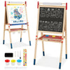 Height adjustable wooden art easel with double-sided whiteboard and chalkboard, includes magnetic stickers and paint.