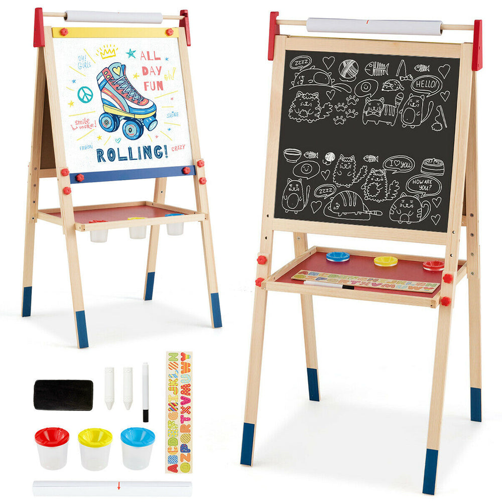 Height adjustable wooden art easel with double-sided whiteboard and chalkboard, includes magnetic stickers and paint.