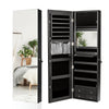 Multipurpose black storage cabinet with full-length mirror, 4 drawers, and organized jewelry storage for cosmetics and.