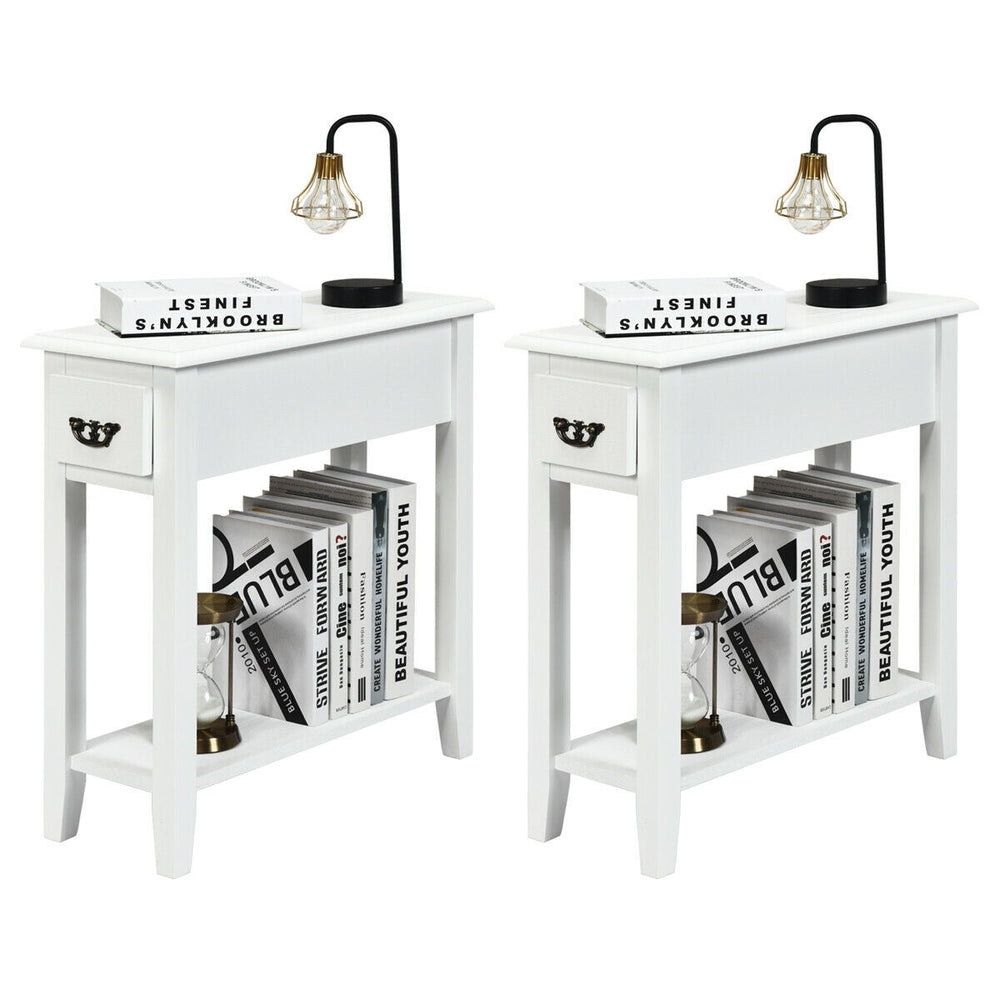 White 2-tier sofa side end table featuring a drawer and open shelf, perfect for compact spaces in living rooms or.
