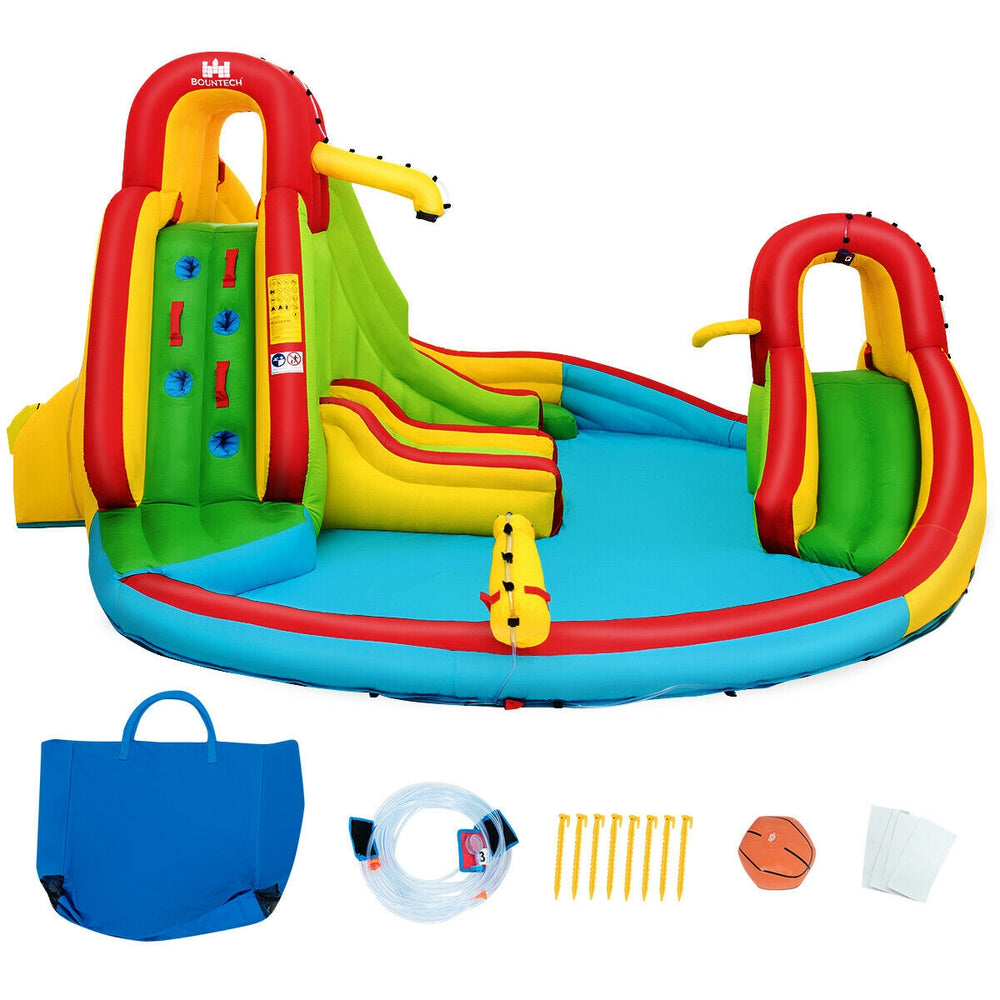 Kid's inflatable water slide bounce house with climbing wall and pool, made of durable oxford cloth, perfect for summer.