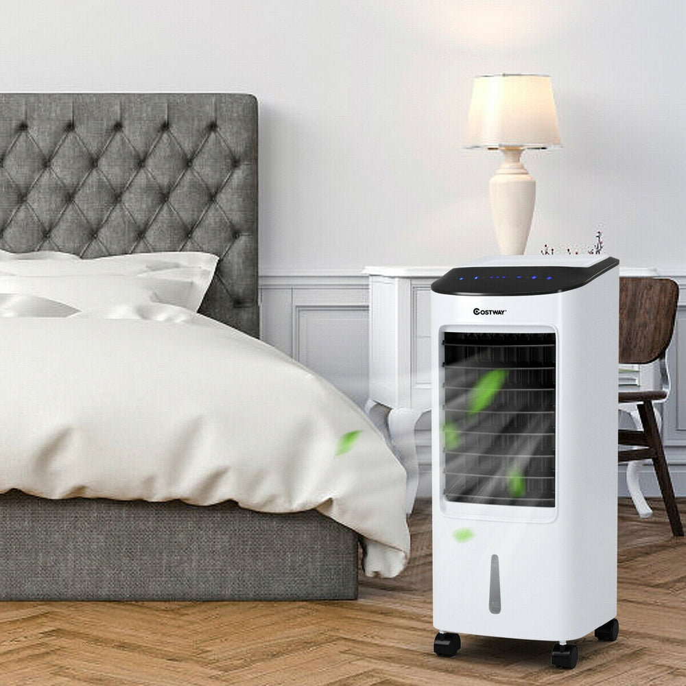 Evaporative portable air cooler fan with remote control, 7L water tank, and adjustable blinds for home or office use.