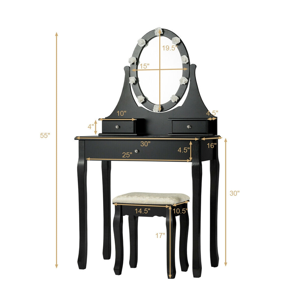 Black vanity dressing table set with lighted oval mirror, 3 drawers, and cushioned stool for elegant makeup application.