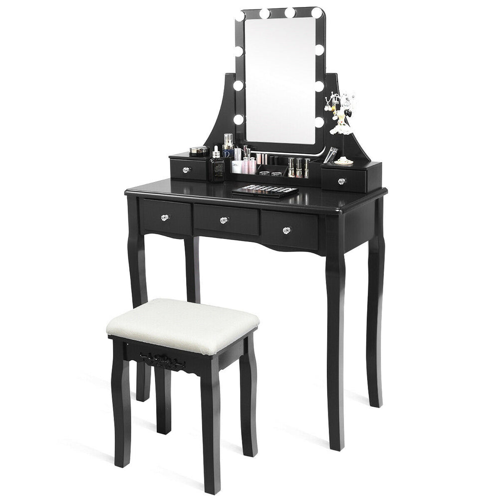 Side view of the black vanity dressing table showcasing its elegant design, 10 dimmable lights, and spacious storage.