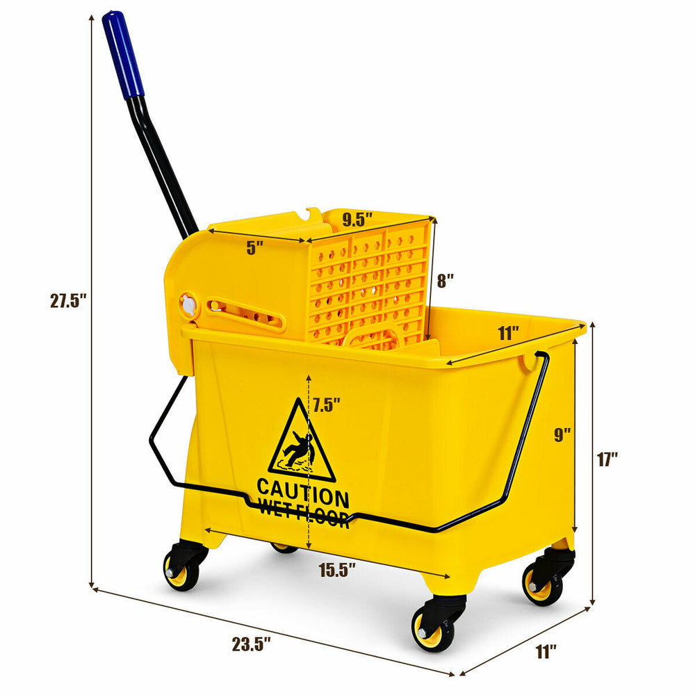 21 Quart yellow mop bucket with side press wringer, featuring a long handle and rubber wheels for easy maneuverability.