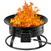 Portable propane fire pit with flames, featuring a sturdy black iron design for outdoor camping and gatherings.