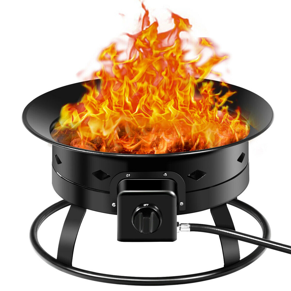 Portable propane fire pit with flames, featuring a sturdy black iron design for outdoor camping and gatherings.