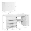 Folding sewing table with wheels, white MDF, features three storage bins and adjustable shelf for versatile use.