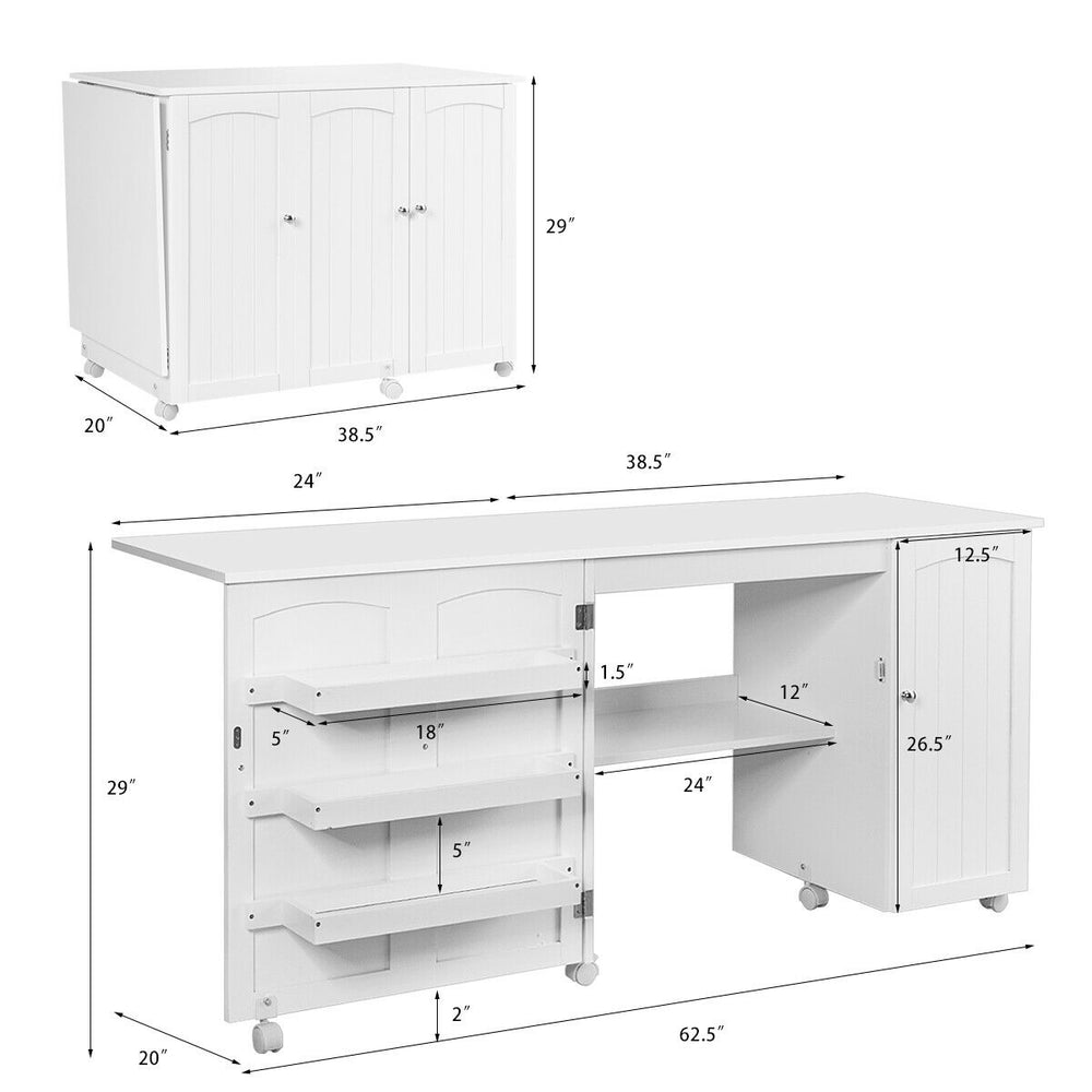 Folding sewing table with wheels, white MDF, features three storage bins and adjustable shelf for versatile use.