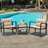 Glass coffee table with lower shelf and two beige rocking chairs, designed for comfort in outdoor settings.