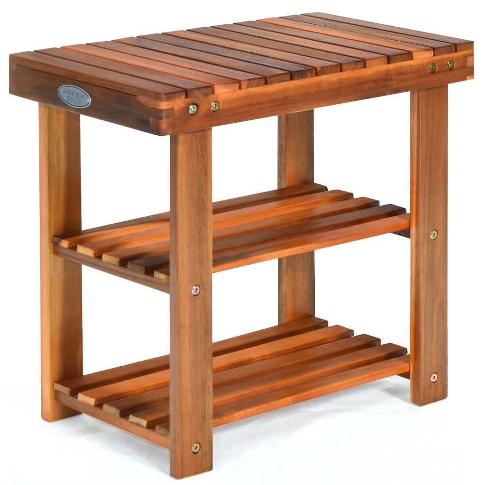 3-tier acacia wood shoe rack with sturdy construction, perfect for entryway or bathroom organization.
