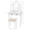 White vanity set with tri-fold mirror, four drawers, and cushioned stool, perfect for bedroom makeup organization.