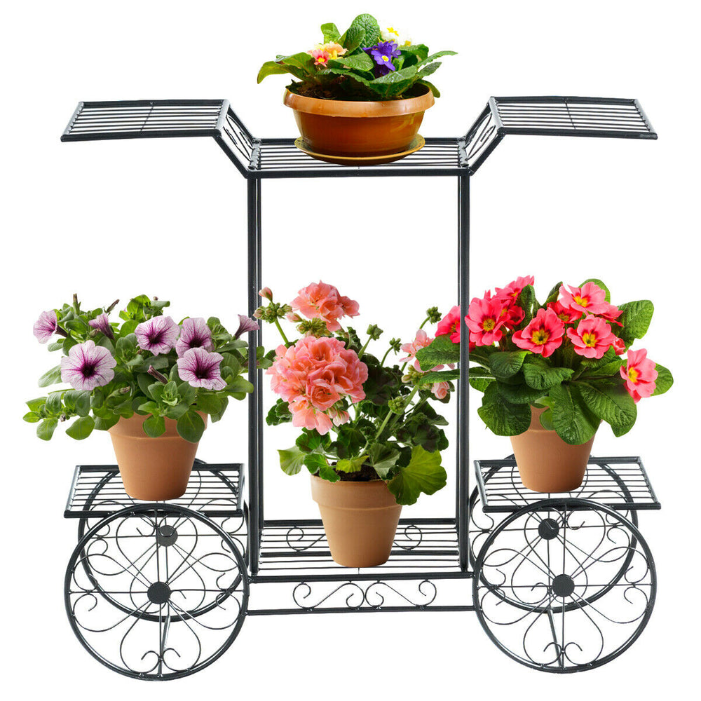 6-tier garden cart flower rack with vibrant plants, perfect for indoor or outdoor display and decoration.