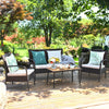 Costway Cushioned Wicker Conversation Set with Acacia Wood Tabletop 4 Pieces New