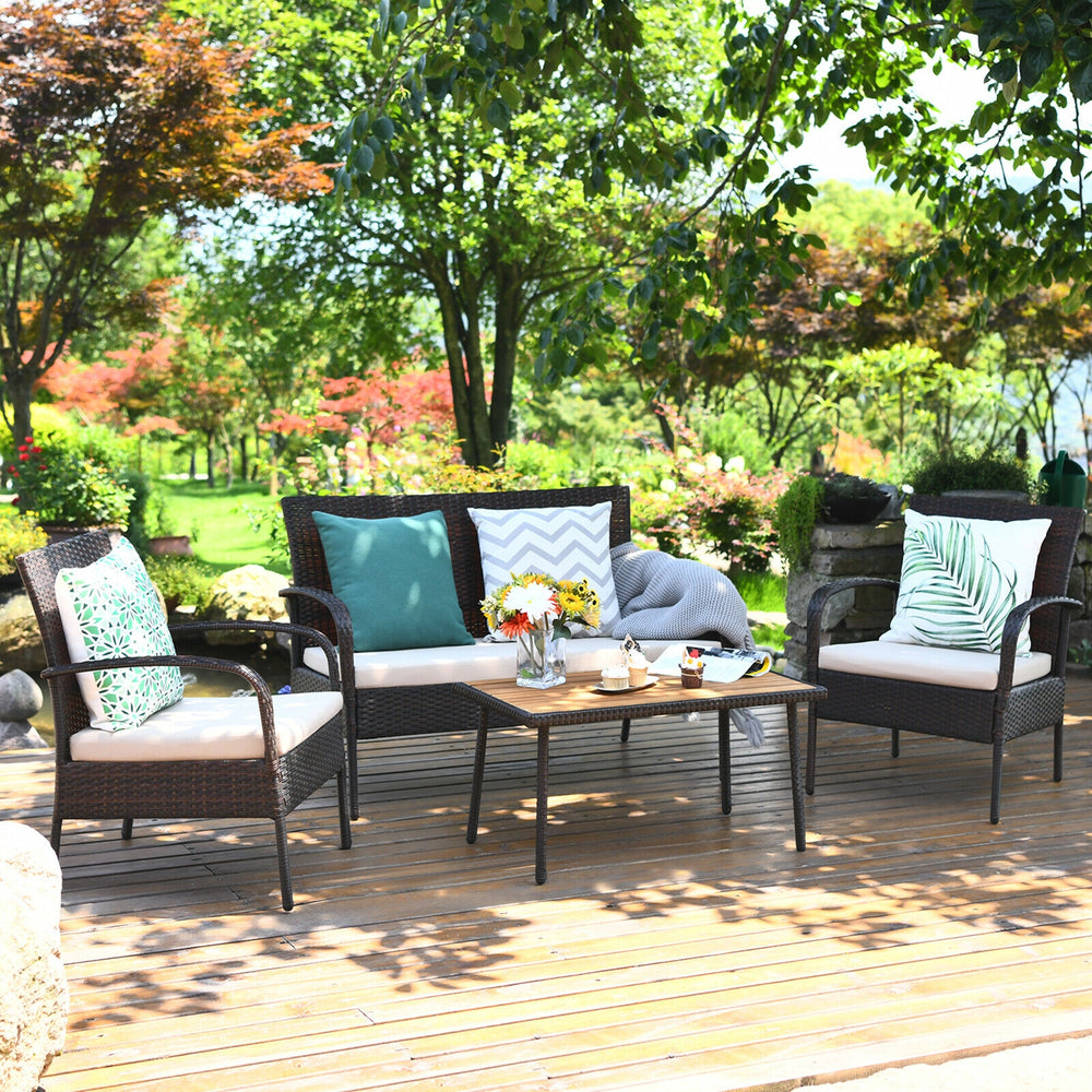 Costway Cushioned Wicker Conversation Set with Acacia Wood Tabletop 4 Pieces New