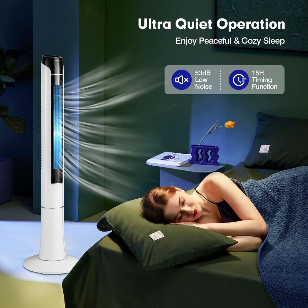 Portable 48 inches tower fan in white with remote control, featuring 80° oscillation and low-noise operation for.