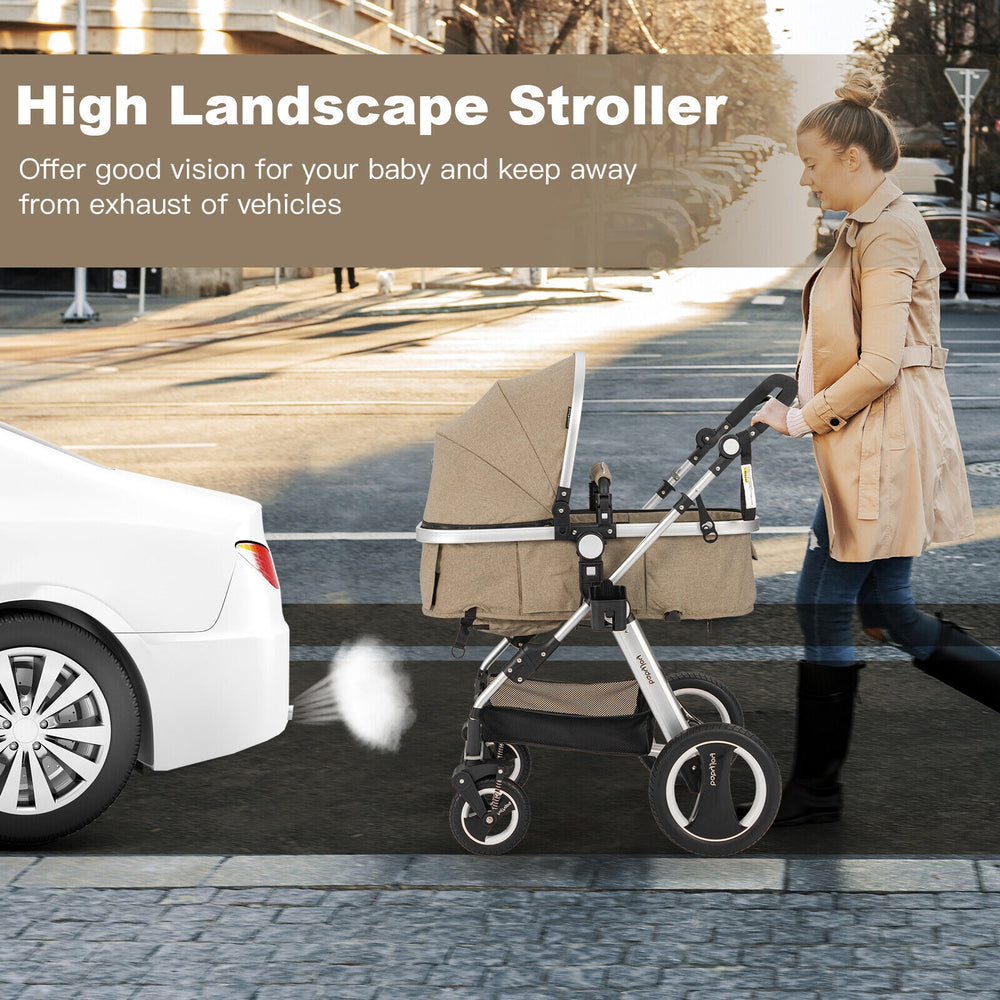 Beige folding aluminum baby stroller with adjustable handlebar and multi-position recline, ideal for infants and.