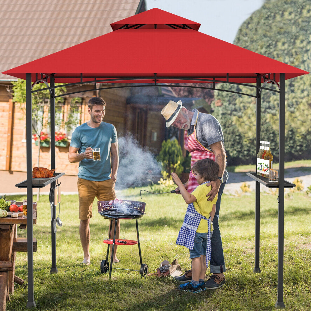 Outdoor barbecue grill gazebo with double roof, 360-degree ventilation, and sturdy iron construction for backyard.