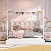 Full size white canopy bed with trundle, solid wood frame, decorated with flags, perfect for kids' bedrooms.