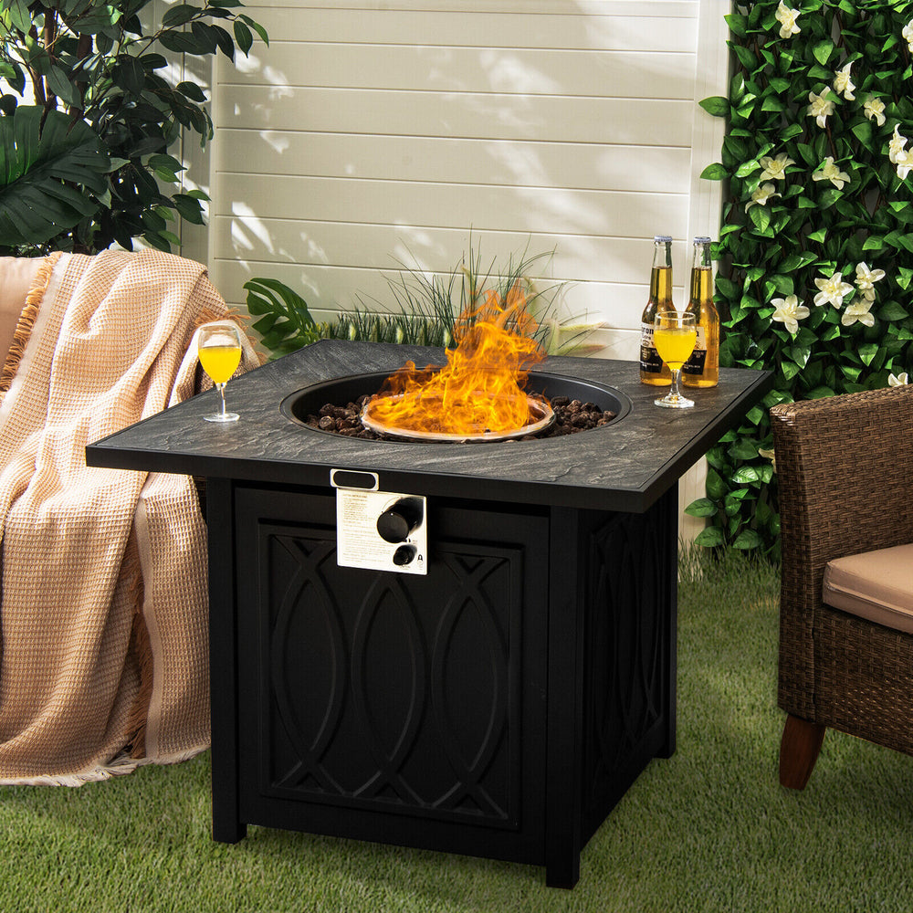 Square 32-inch propane fire pit table with lava rocks, 50,000 BTU, perfect for patio and garden relaxation.