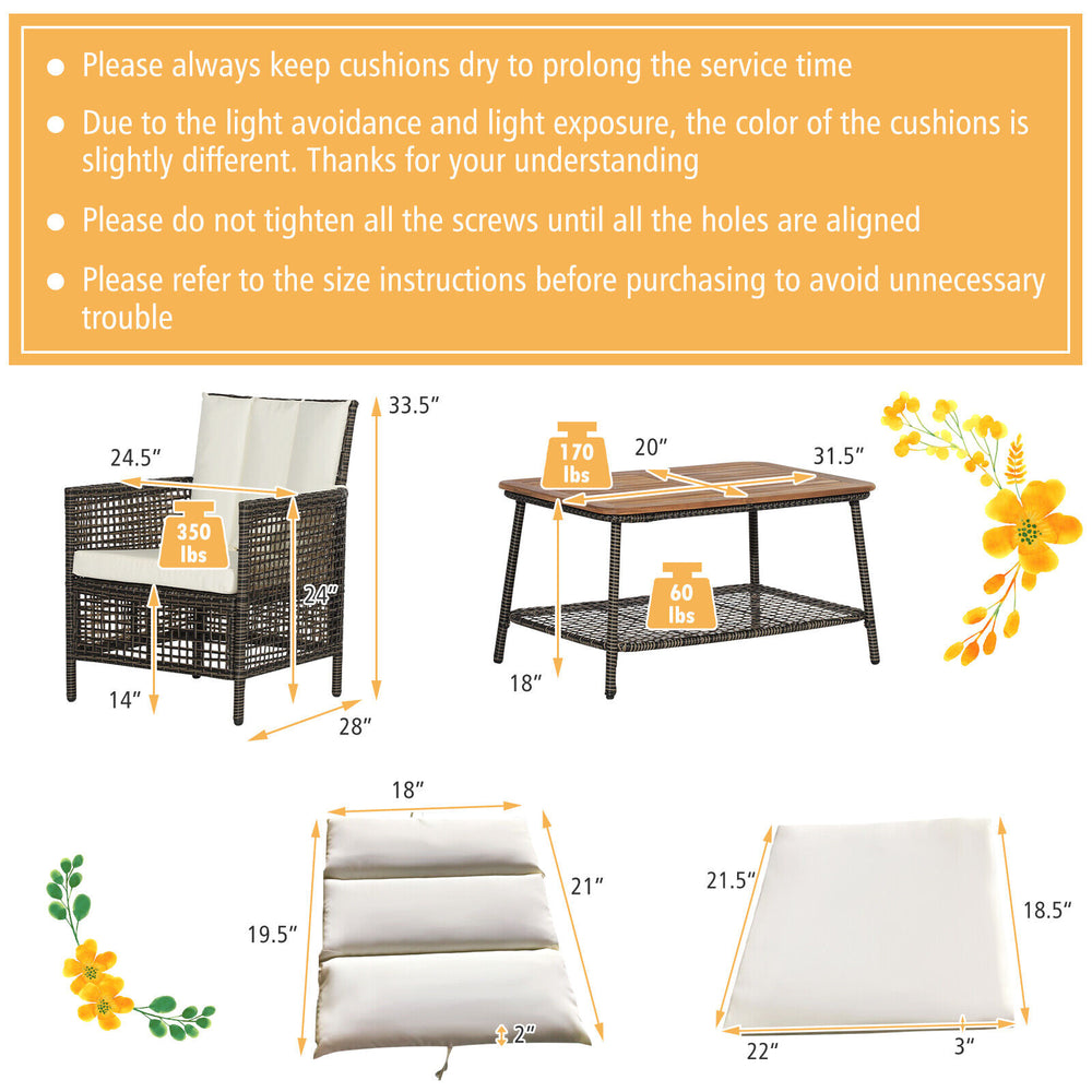 5-piece patio rattan furniture set with cushioned armchairs and acacia wood tabletop, perfect for outdoor relaxation.