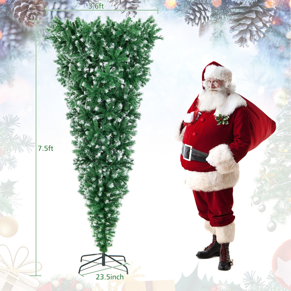 Upside down 7.5 ft pre-lit Christmas tree with 1100 snowy tips and 400 LED lights, perfect for small spaces.