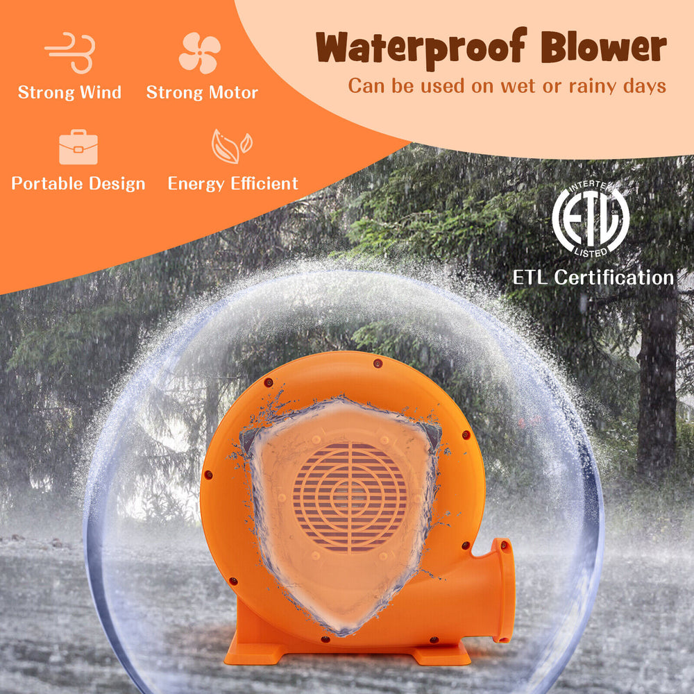 380W waterproof air blower with GFCI plug, designed for inflatables, featuring strong airflow and durable construction.