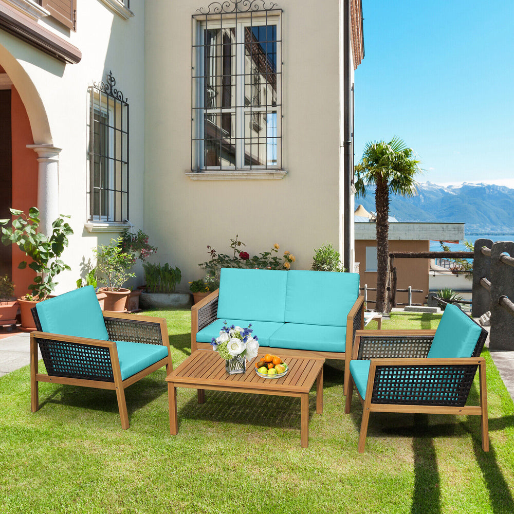 4 Pieces Patio Rattan Furniture Set with Removable Cushions-Turquoise - Gallery View 1 of 9