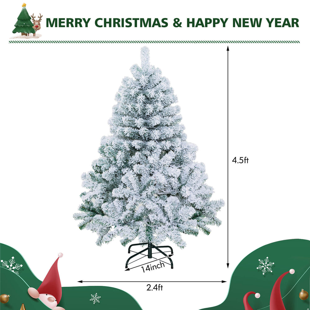 4.5-foot pre-lit snow flocked Christmas tree with 150 warm white lights, featuring a sturdy metal base for stability.