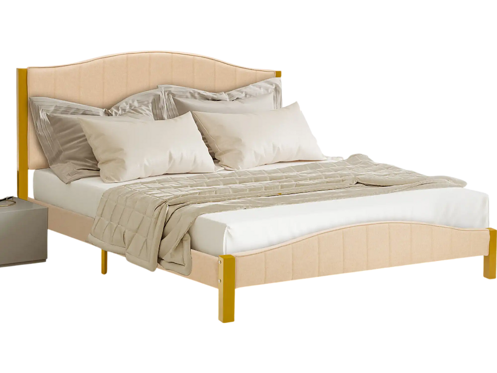 Queen size upholstered bed frame with quilted headboard, featuring solid wood slats and noise-reduction foam for.