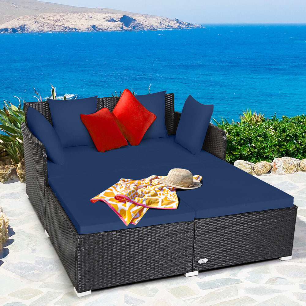 Spacious Outdoor Rattan Daybed with Upholstered Cushions and Pillows-Navy - Gallery View 1 of 12