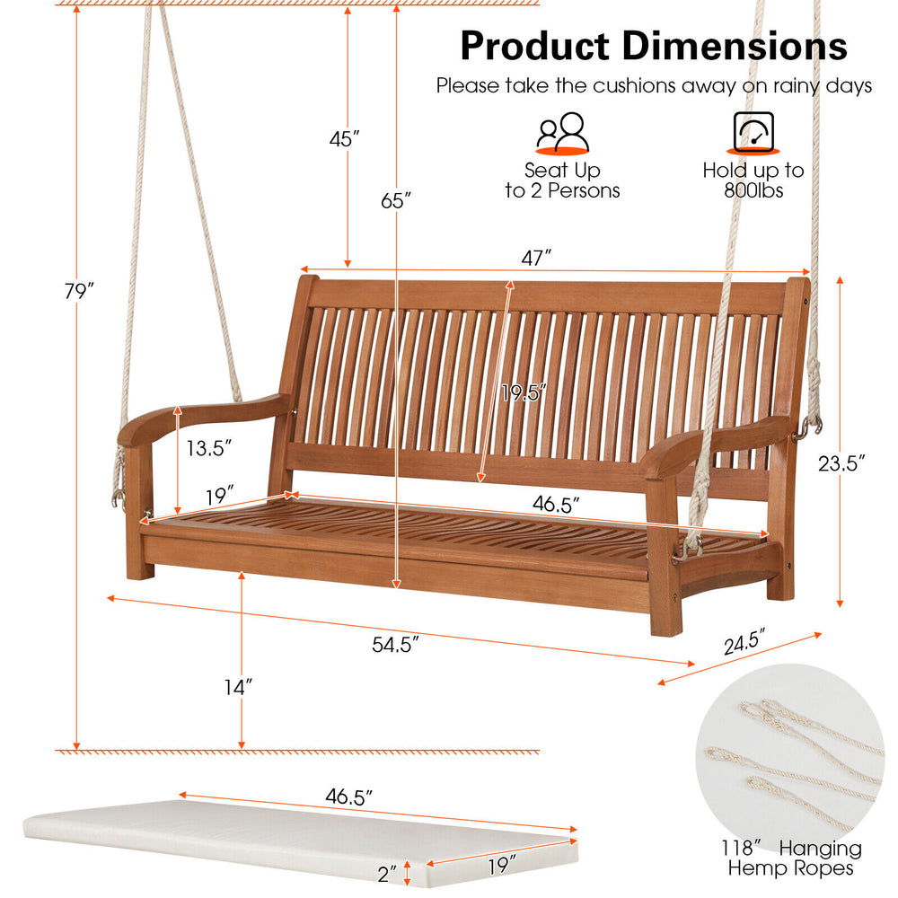 2-person hanging porch swing bench with curved back, solid wood frame, and cushion, perfect for backyard relaxation.