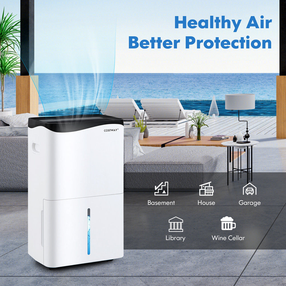 100-pint dehumidifier in white with smart app and Alexa control, ideal for home and basements up to 5500 sq.ft.