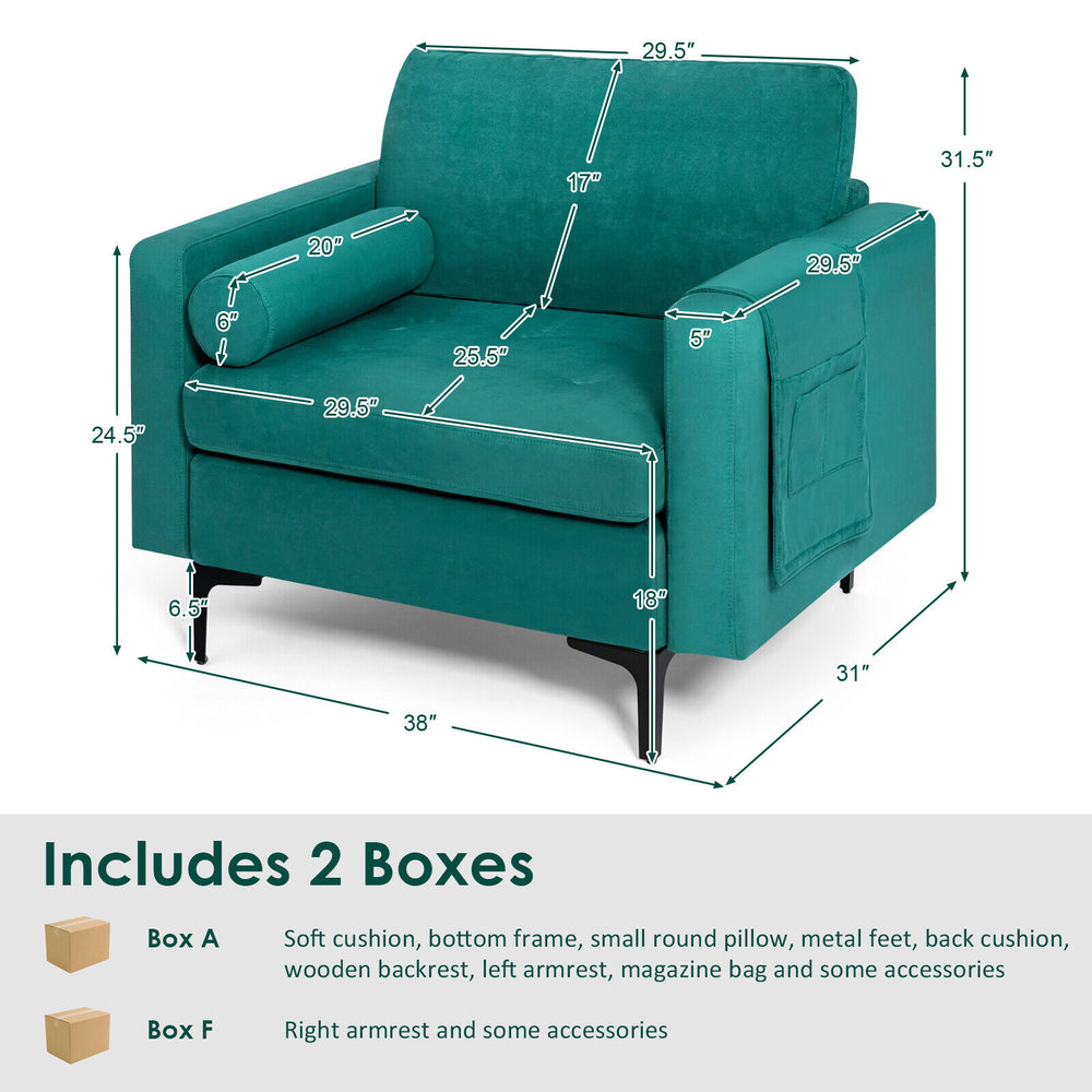 Peacock blue modular sofa couch with soft cushions, ergonomic armrests, and side pocket for storage, ideal for living.