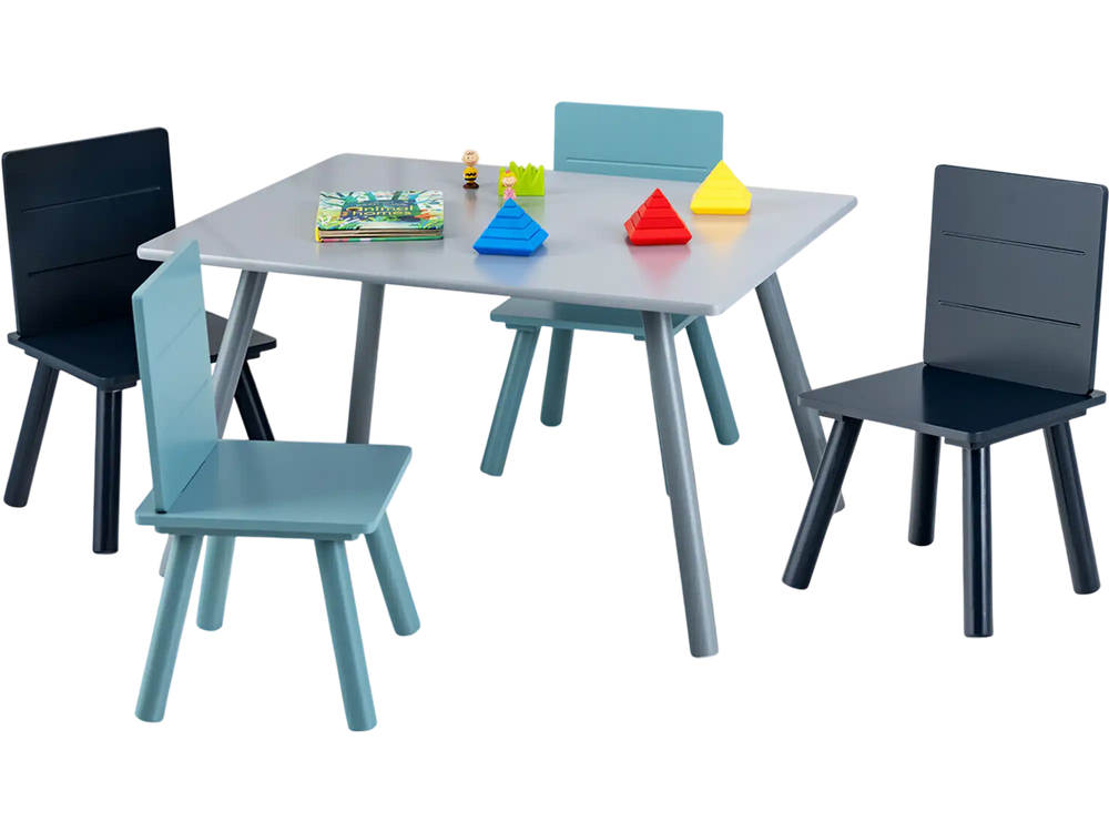 Kids wooden activity play furniture set with blue chairs and large tabletop for creative play and learning.