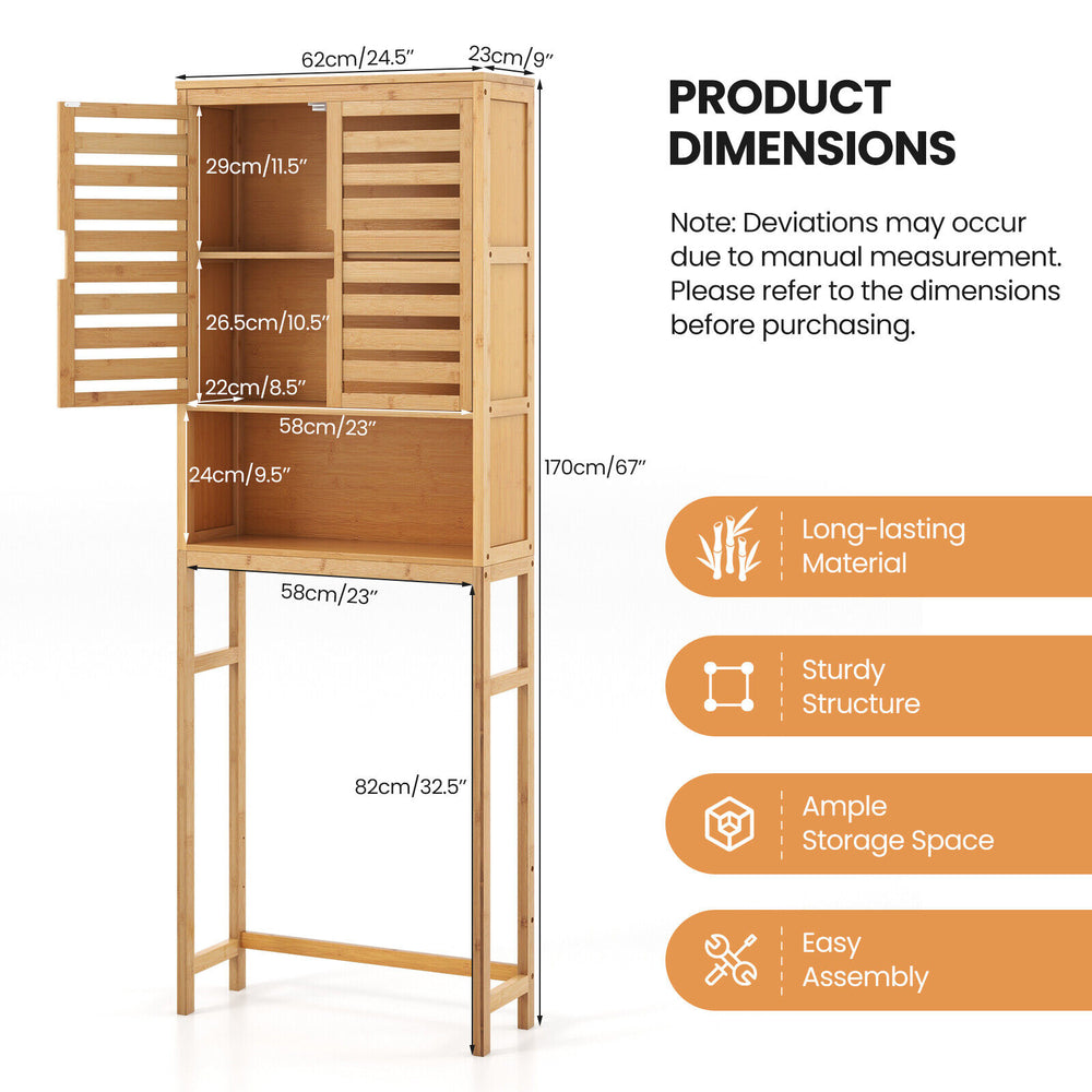 Bamboo over-the-toilet storage cabinet with adjustable shelf, ample storage, and double louvered doors for ventilation.