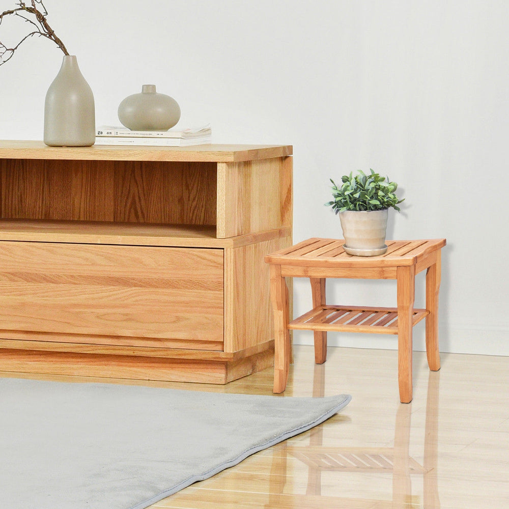 Bamboo shower chair bench with storage shelf, featuring a smooth finish and sturdy design, ideal for bathroom use.