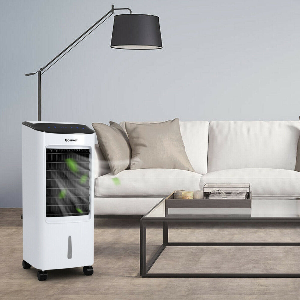 Evaporative portable air cooler fan with remote control, featuring a 7L water tank and adjustable blinds for home.