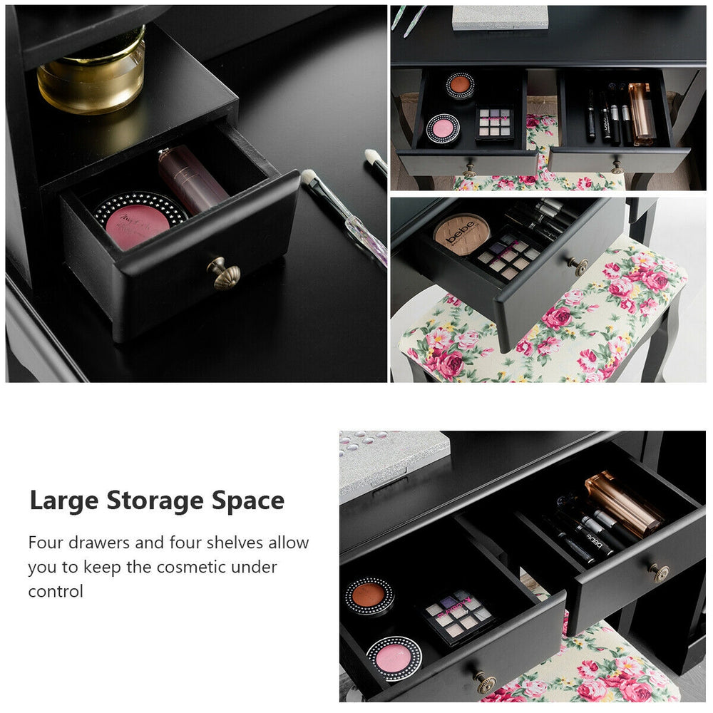Makeup vanity table set with four drawers and spacious tabletop, designed for girls' cosmetics storage in black finish.